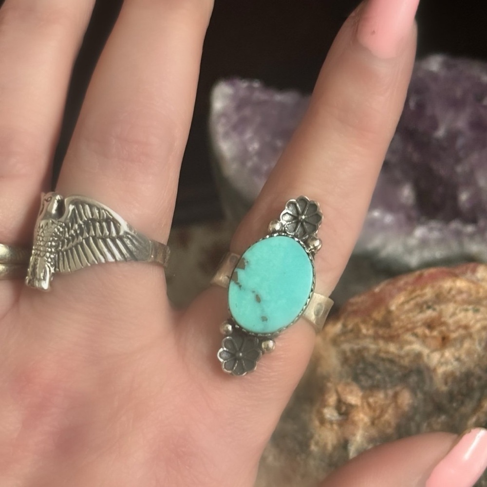 Morenci Turquoise Southwestern Sterling Silver Adjustable Ring - Picture 2 of 5